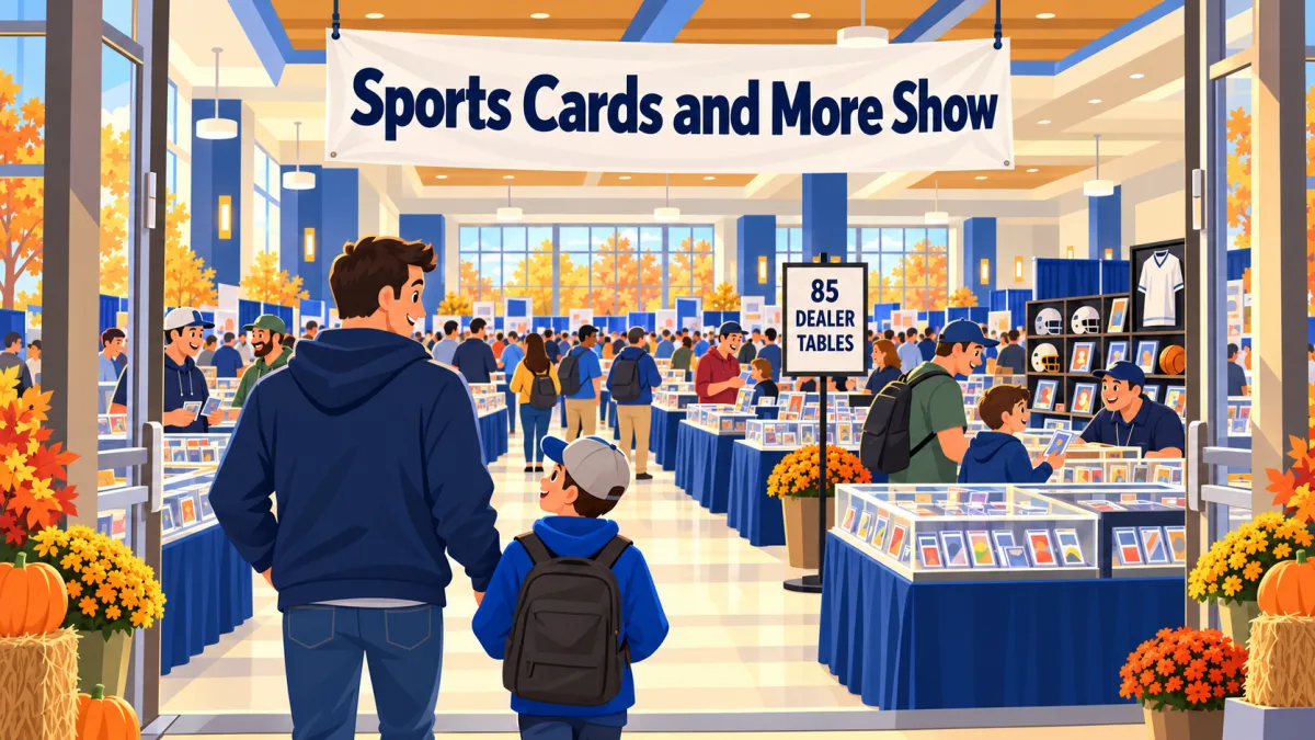 Collectors browse sports cards and memorabilia beneath a Sports Cards and More Show banner inside a civic-center hall. A parent and young collector enter beside a sign announcing 85 dealer tables.