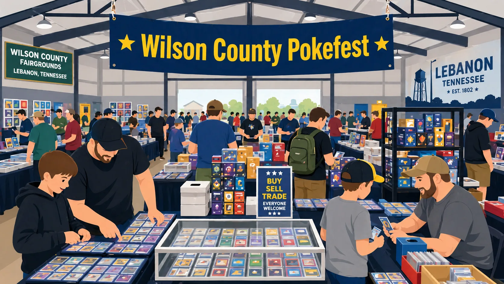 Wilson County Pokefest at Wilson County Fairgrounds in Lebanon, TN — packed aisles, glass cases of graded cards, dealer tables of booster boxes.