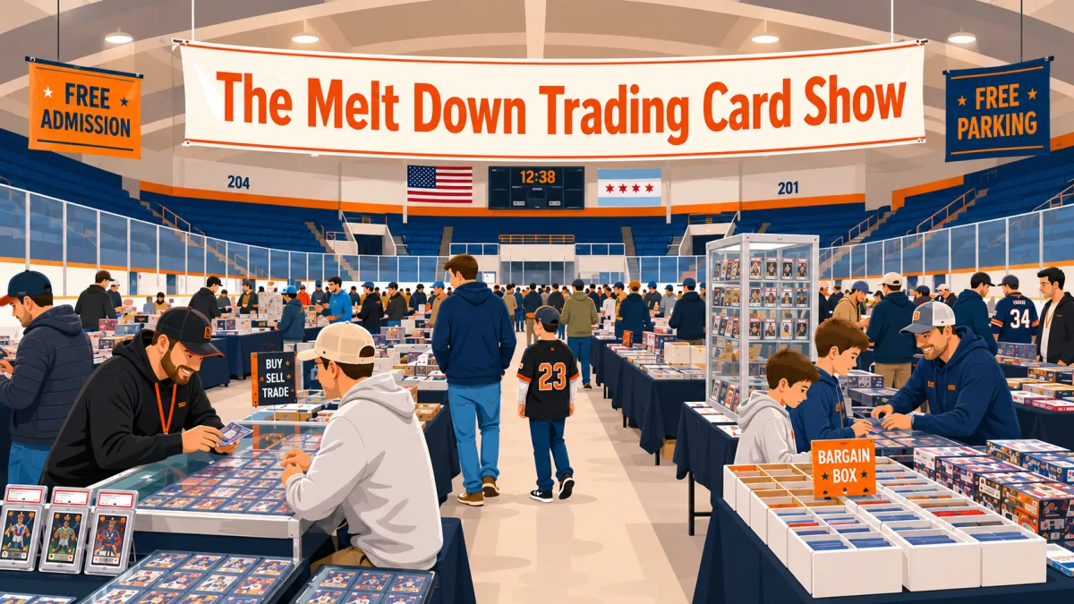 The Melt Down Trading Card Show packs an arena floor with vendor tables, graded slabs in glass cases, and buy, sell, trade and bargain box signs.
