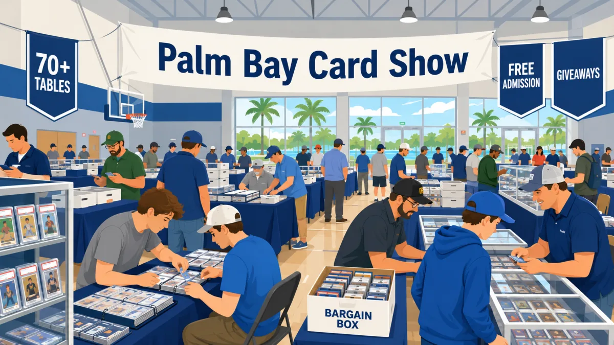 Palm Bay Card Show in a gymnasium venue with 70+ vendor tables, collectors browsing graded slabs and a bargain box, palm trees visible through windows.