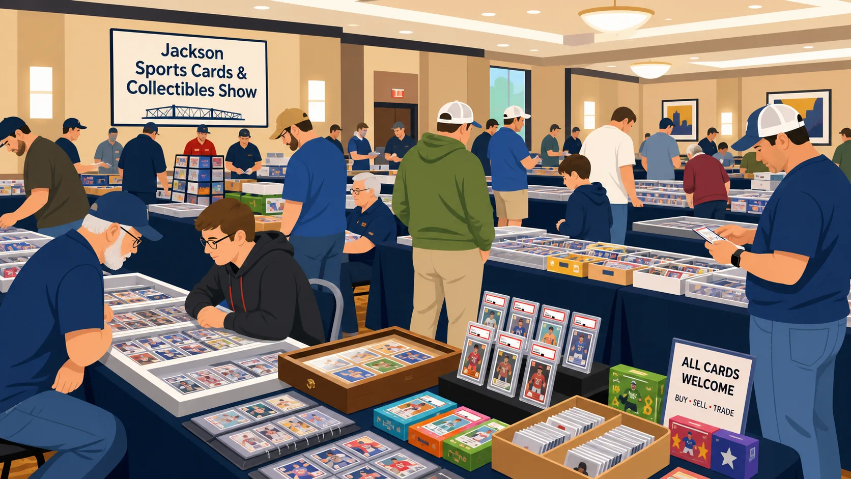 Jackson Sports Cards & Collectibles Show with crowded ballroom aisles, PSA-graded card displays, glass cases, and a Buy/Sell/Trade dealer table.