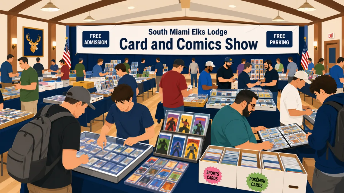 South Miami Elks Lodge Card and Comics Show, with collectors browsing graded slabs, comic singles, and sports and Pokémon card boxes under a free admission banner.