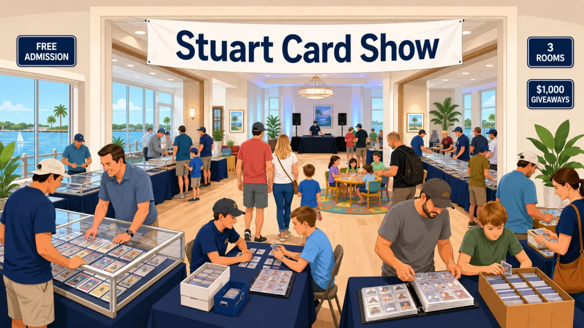 Illustration of collectors browsing card tables in a three-room waterfront venue beneath a Stuart Card Show banner with free admission and giveaway callouts.