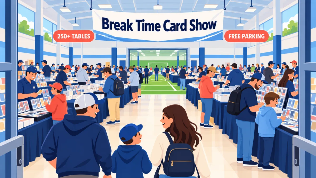 Collectors and families browse card tables beneath a Break Time Card Show banner inside an indoor athletic facility. Additional tables are visible through a doorway leading to a green turf room.
