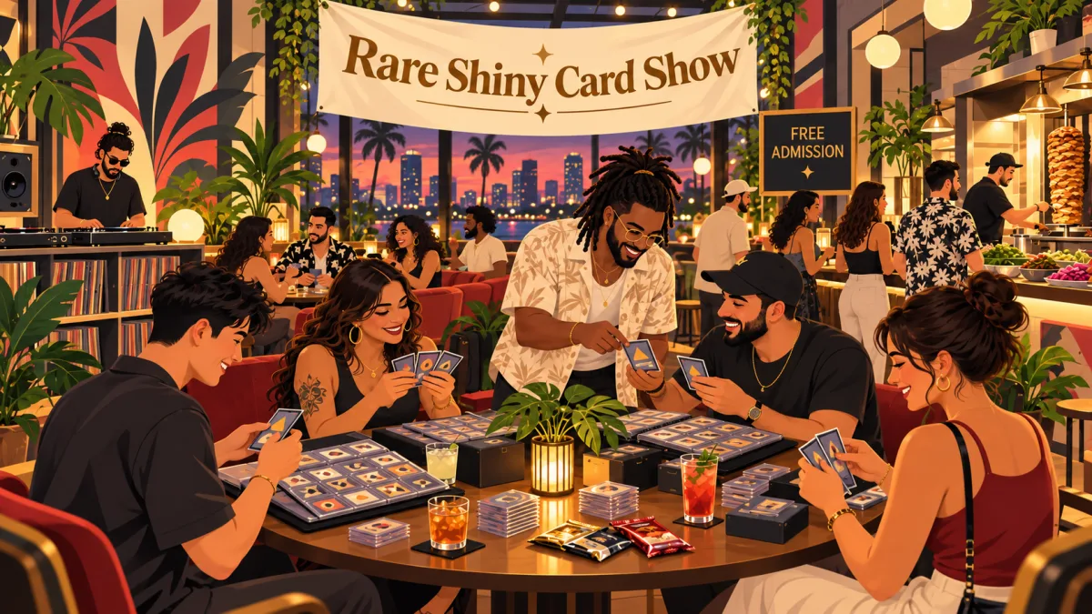 Collectors browse cards, compare binders, and trade around a table during an evening card show inside a stylish Wynwood café and lounge.