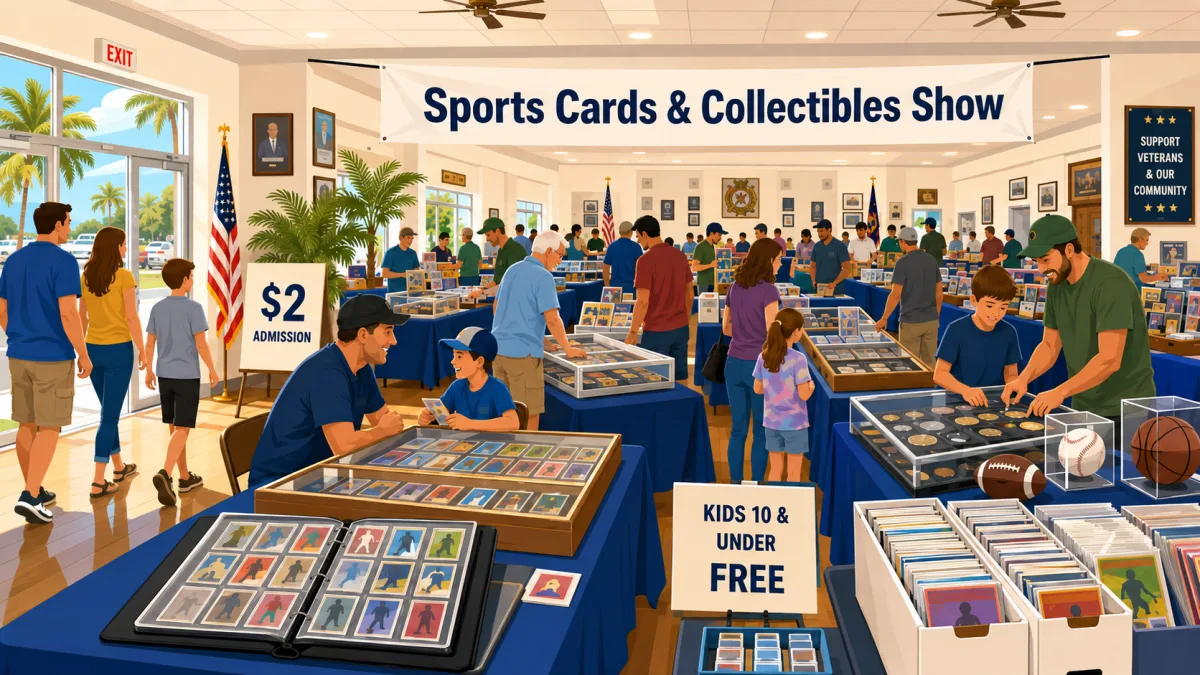 Illustration of families and collectors browsing cards, memorabilia, comics, and coins inside a VFW hall beneath a Sports Cards & Collectibles Show banner.