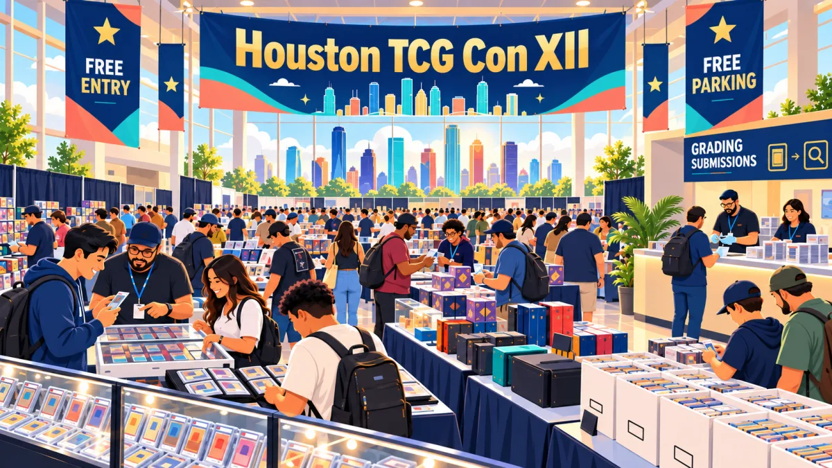 Illustration of collectors browsing and trading at Houston TCG Con XII beneath free-entry, free-parking, and grading-submission signs inside CCS Houston.