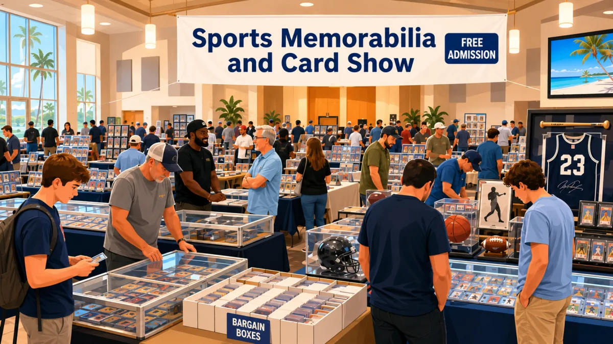 Illustration of collectors browsing card and memorabilia tables inside a bright church community hall beneath Sports Memorabilia and Card Show signage.