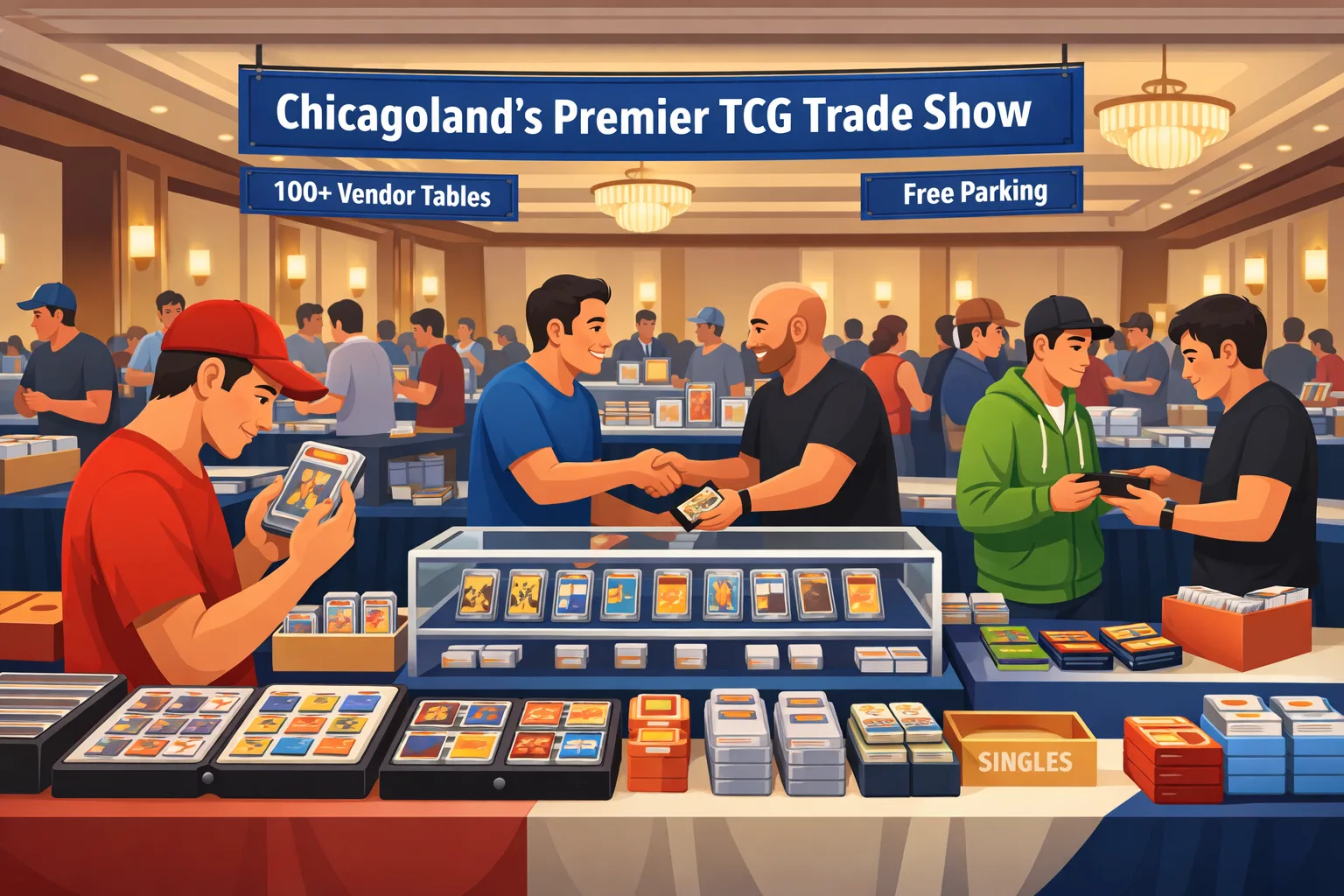 Hero illustration of Chicagoland's Premier TCG Trade Show in Rosemont, with a hotel ballroom full of vendor tables, display cases, graded slabs, Pokémon and TCG binders, and collectors buying, selling, and trading.