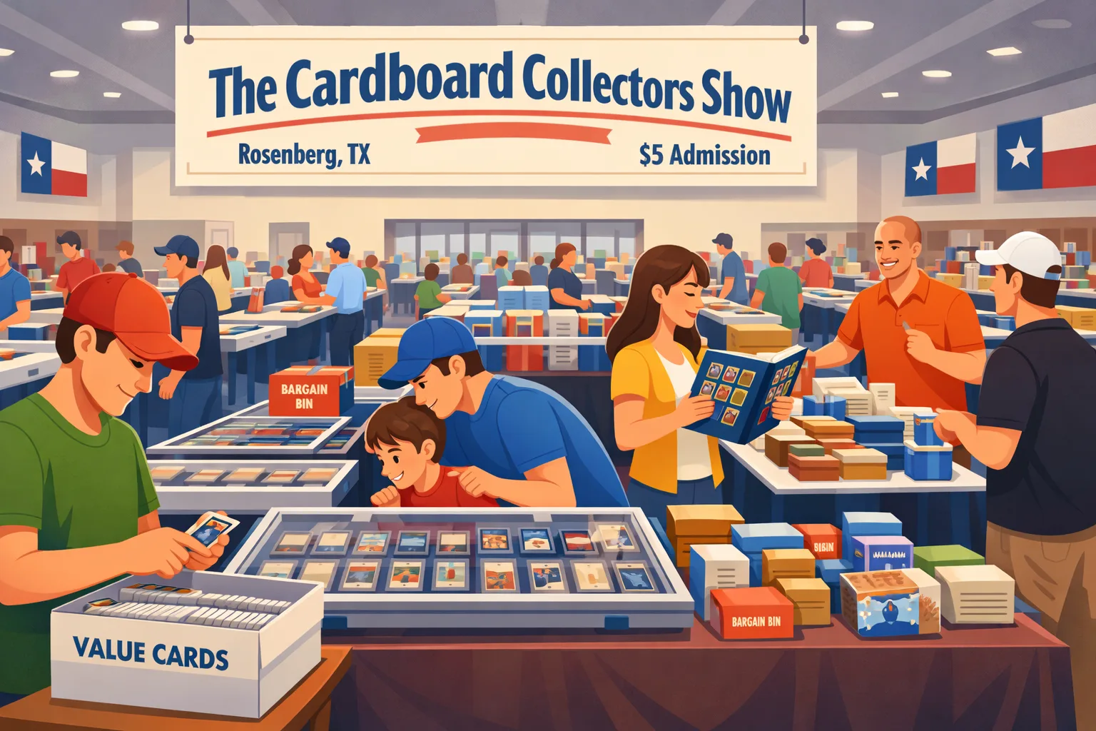 The Cardboard Collectors Show in Rosenberg, Texas, August 2026, with a busy indoor card show, vendor tables, display cases, sports cards, Pokémon binders, sealed products, bargain boxes, and families browsing.