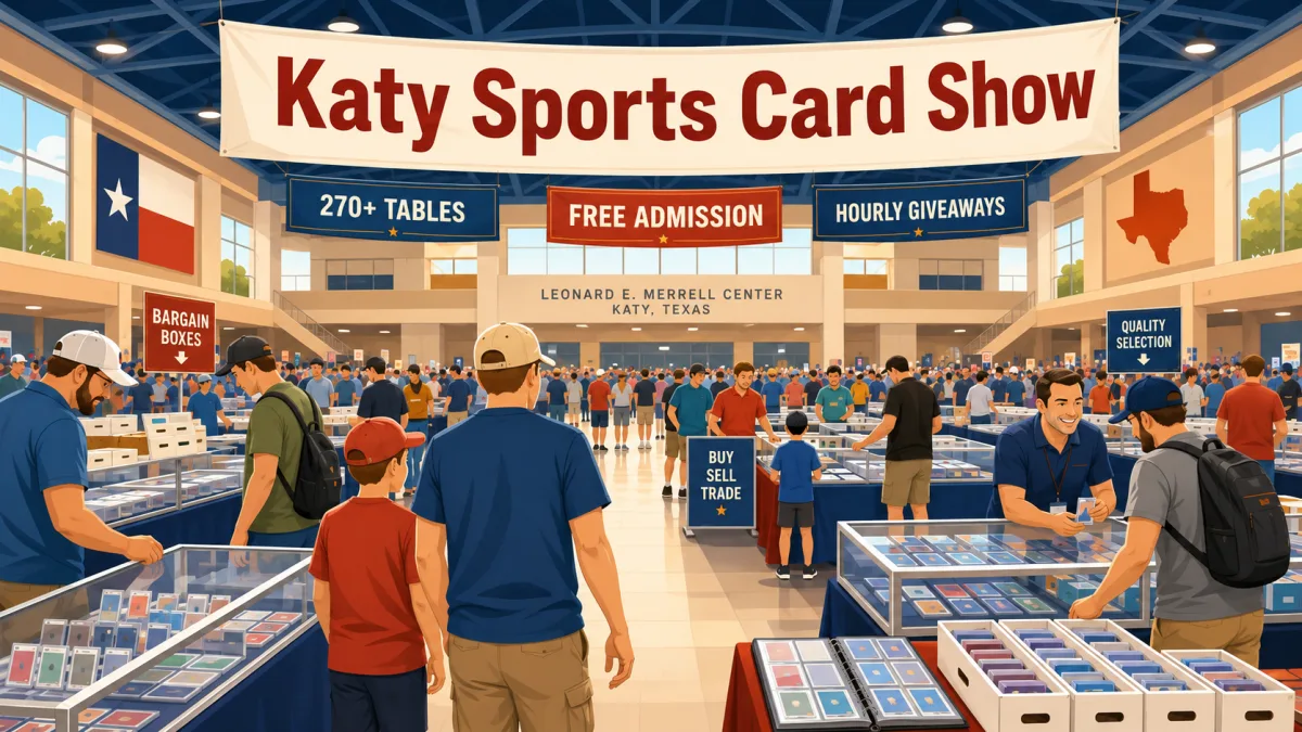 Vector-style illustration of collectors browsing rows of card tables inside the Leonard E. Merrell Center beneath a Katy Sports Card Show banner with 270+ tables, free admission, and hourly giveaway callouts.
