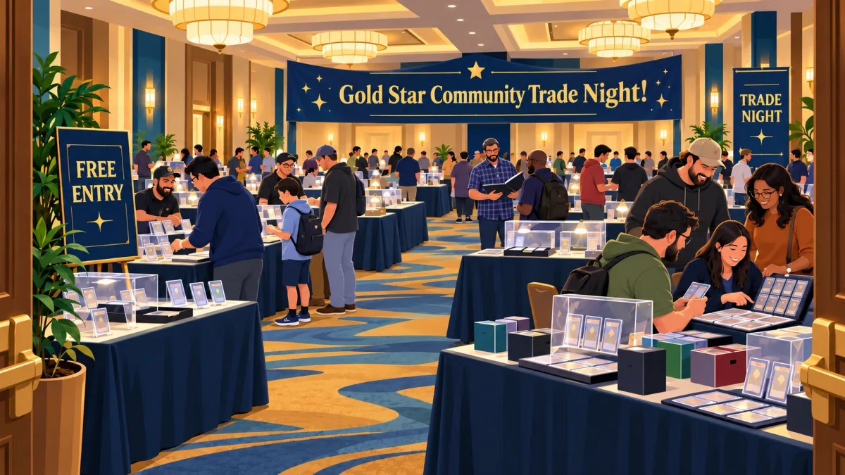 Collectors browse vendor tables and compare card binders in a hotel ballroom beneath a Gold Star Community Trade Night banner.