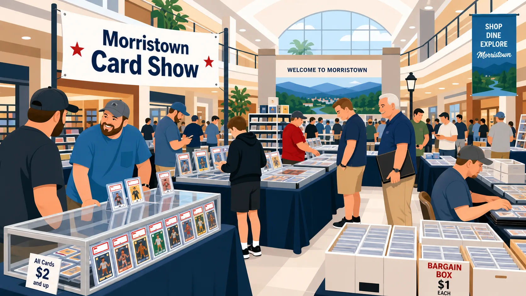 Morristown Card Show fills a sunlit mall atrium with glass cases of graded cards, $1 bargain boxes, and collectors browsing rows of vendor tables.
