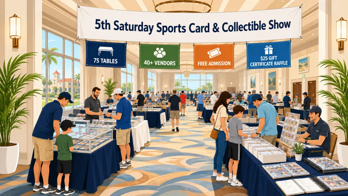 Illustration of collectors browsing card tables inside a St. Augustine hotel hall beneath a 5th Saturday Sports Card & Collectible Show banner.
