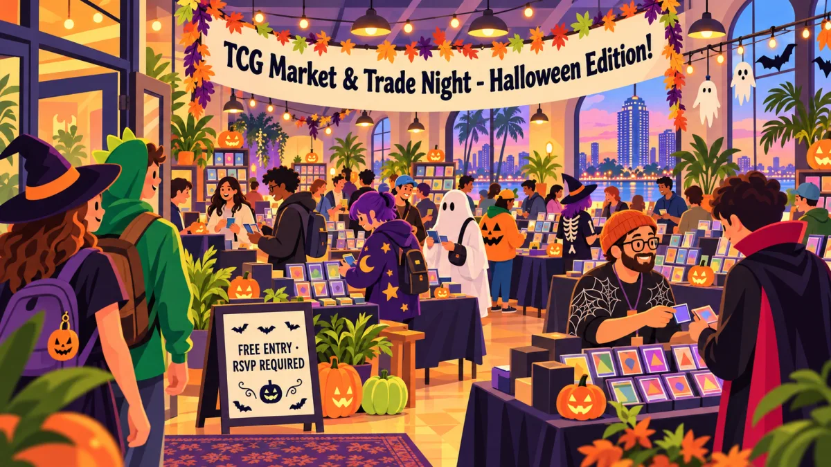 Collectors browse card tables and trade inside a Halloween-decorated market, with costumed attendees and pumpkins beneath a TCG Market & Trade Night banner.