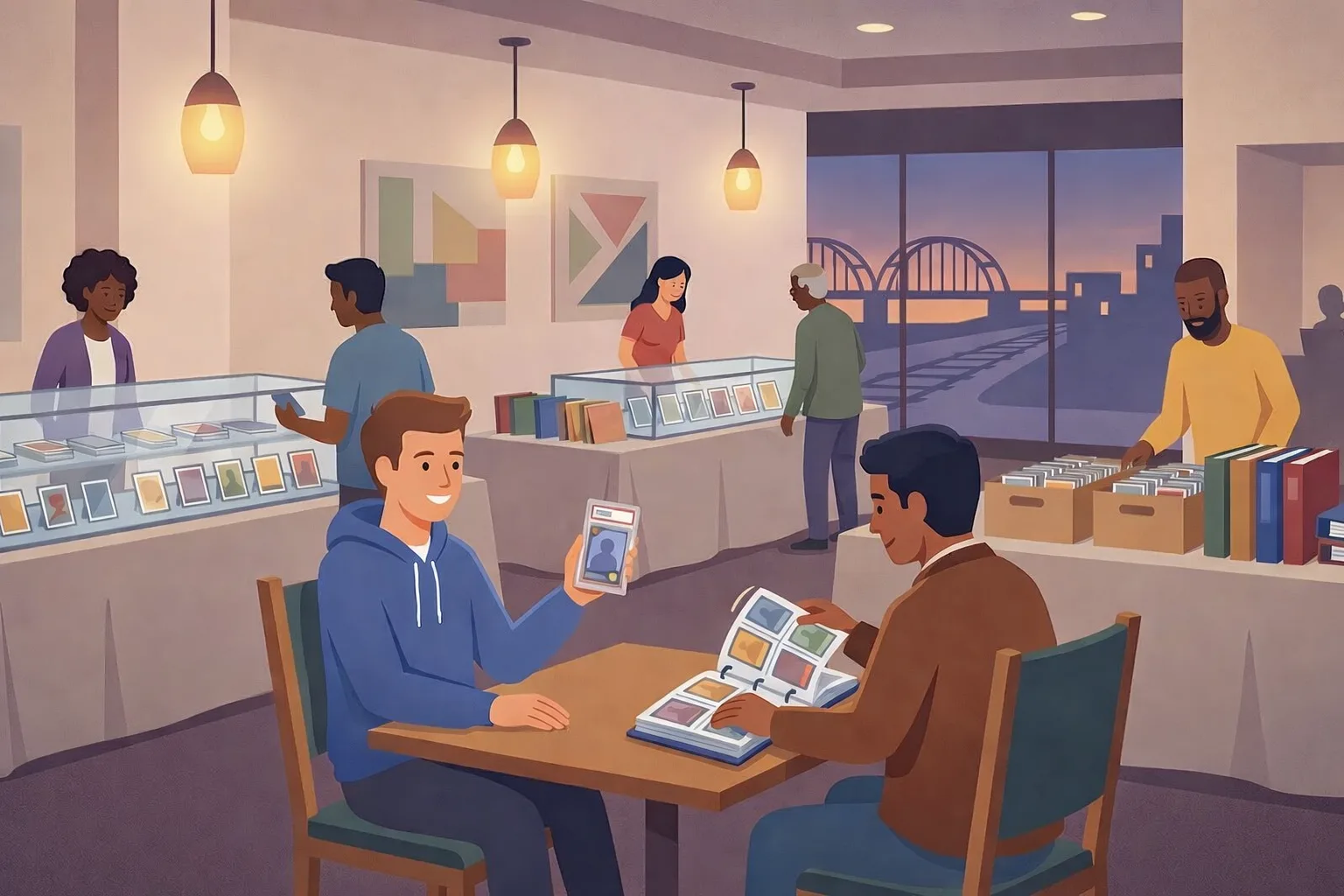 Modern flat illustration of a small card show inside a hotel conference room in Temple, Texas, with two collectors trading at a table, vendor display cases, bargain boxes, and a subtle skyline silhouette outside the window.