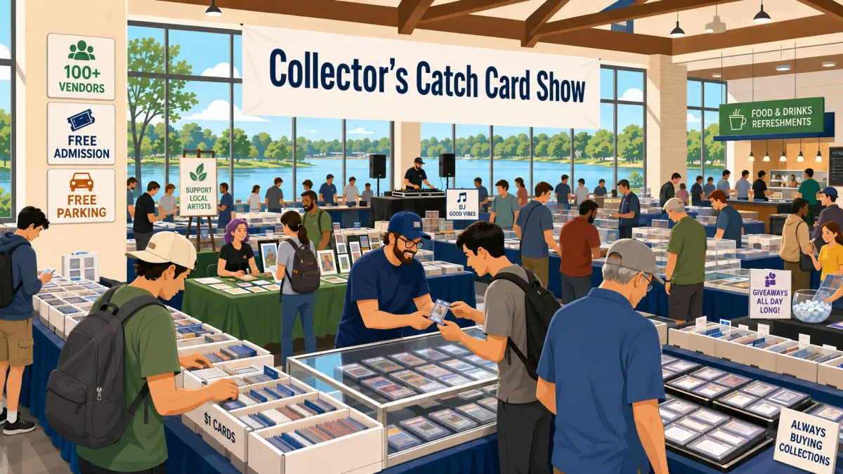Illustrated lakeside YMCA card show floor with collectors browsing vendor tables beneath a Collector’s Catch Card Show banner.