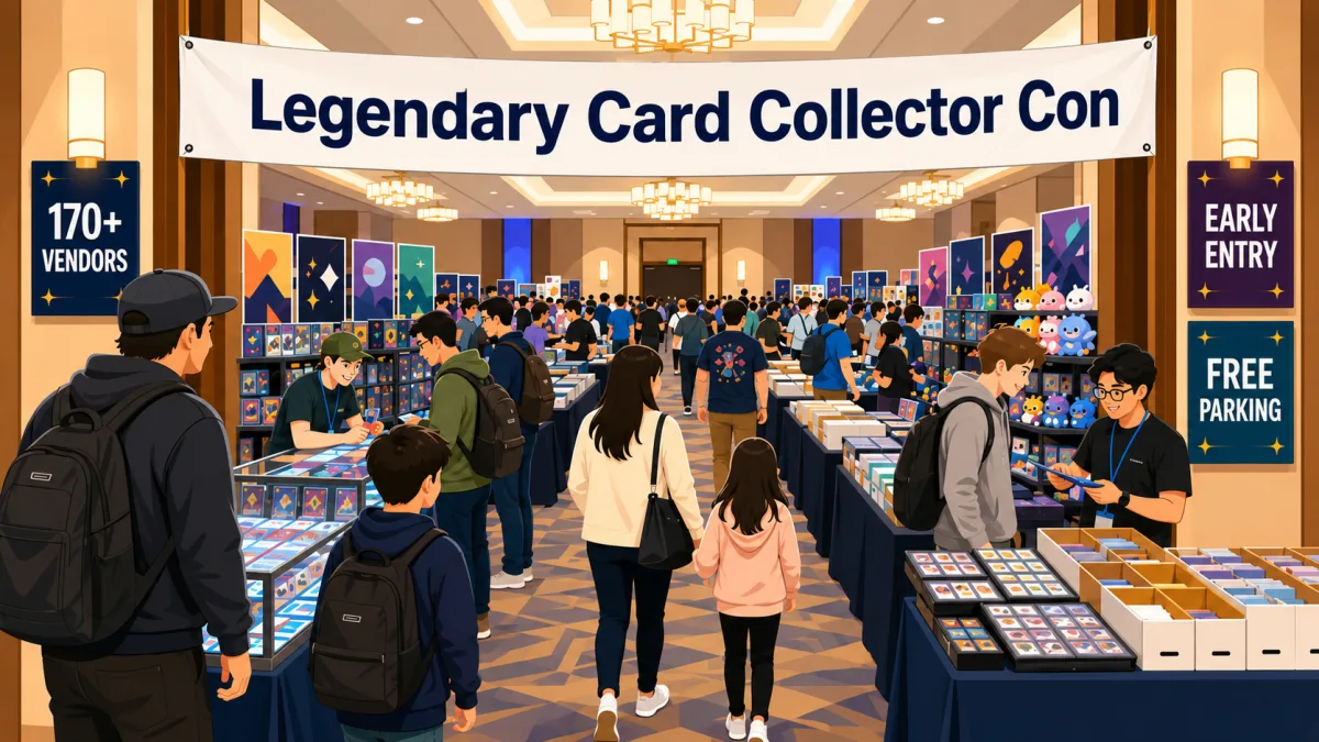 Illustration of collectors browsing card tables and display cases in a Schaumburg hotel ballroom beneath a Legendary Card Collector Con banner.