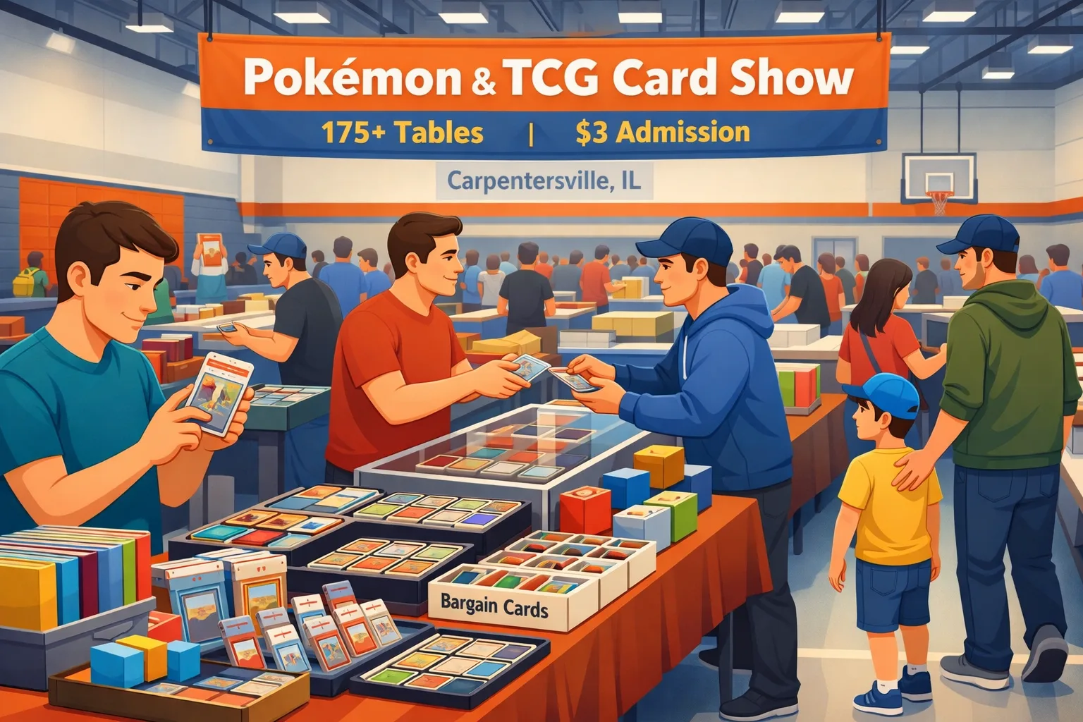 Modern illustration of the Pokémon & TCG Only Card Show in Carpentersville, Illinois, with rows of vendor tables, display cases, trading card binders, graded cards, and collectors browsing a busy suburban event hall.