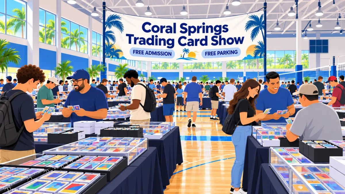 Collectors browse card tables inside a bright South Florida volleyball facility beneath a Coral Springs Trading Card Show banner with free-admission and free-parking callouts.