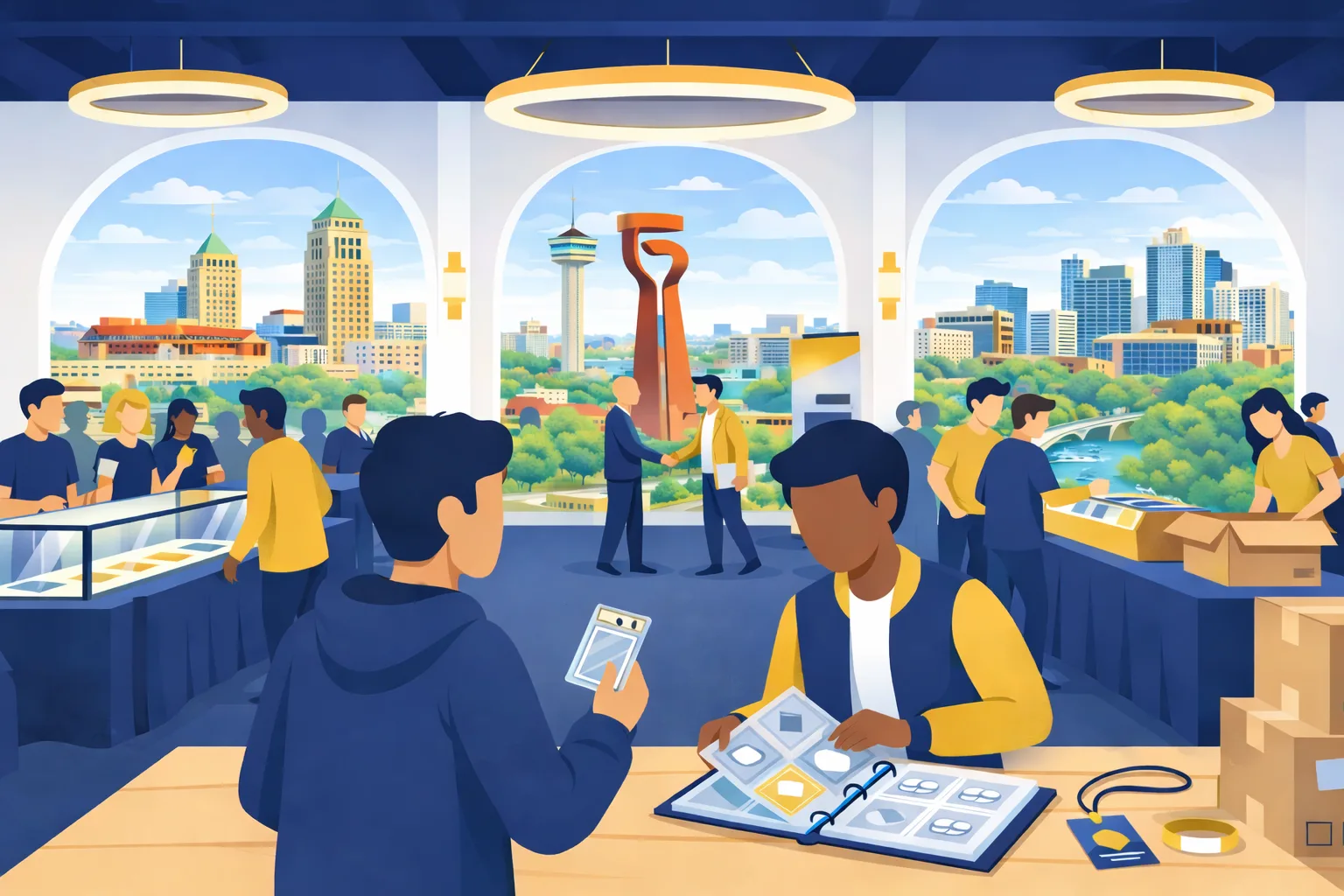 Modern flat illustration of a San Antonio card show inside a bright event space, with collectors trading cards at tables and the Tower of the Americas visible through large arched windows.
