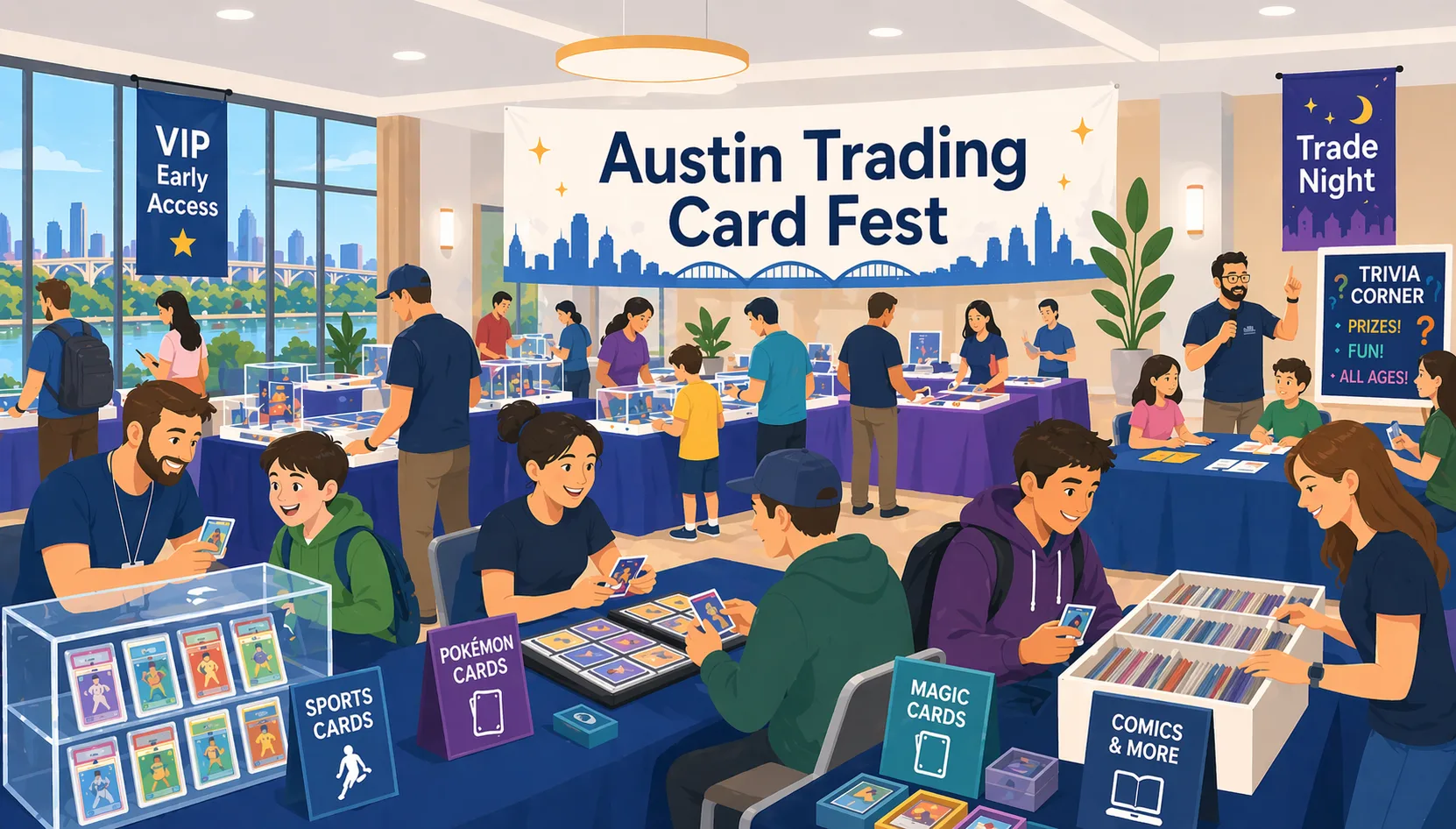 Illustration of Austin Trading Card Fest in the Austin area, showing a busy hotel event room with vendor tables, display cases, Pokémon binders, sports cards, comics, and collectors browsing in Pflugerville, Texas.