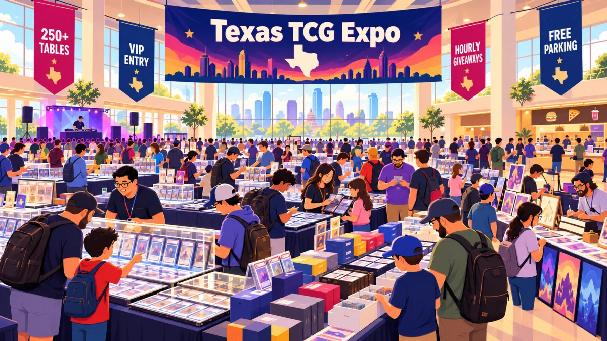 Illustration of collectors and families browsing rows of vendor tables inside a civic center beneath a Texas TCG Expo banner.