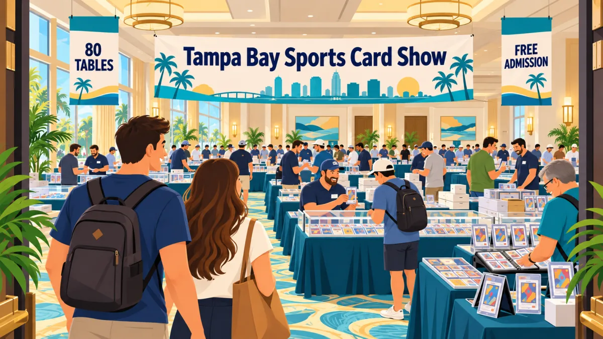 Collectors browse card tables, binders, and glass display cases in a bright hotel event room beneath a Tampa Bay Sports Card Show banner. Smaller signs advertise 80 tables and free admission.