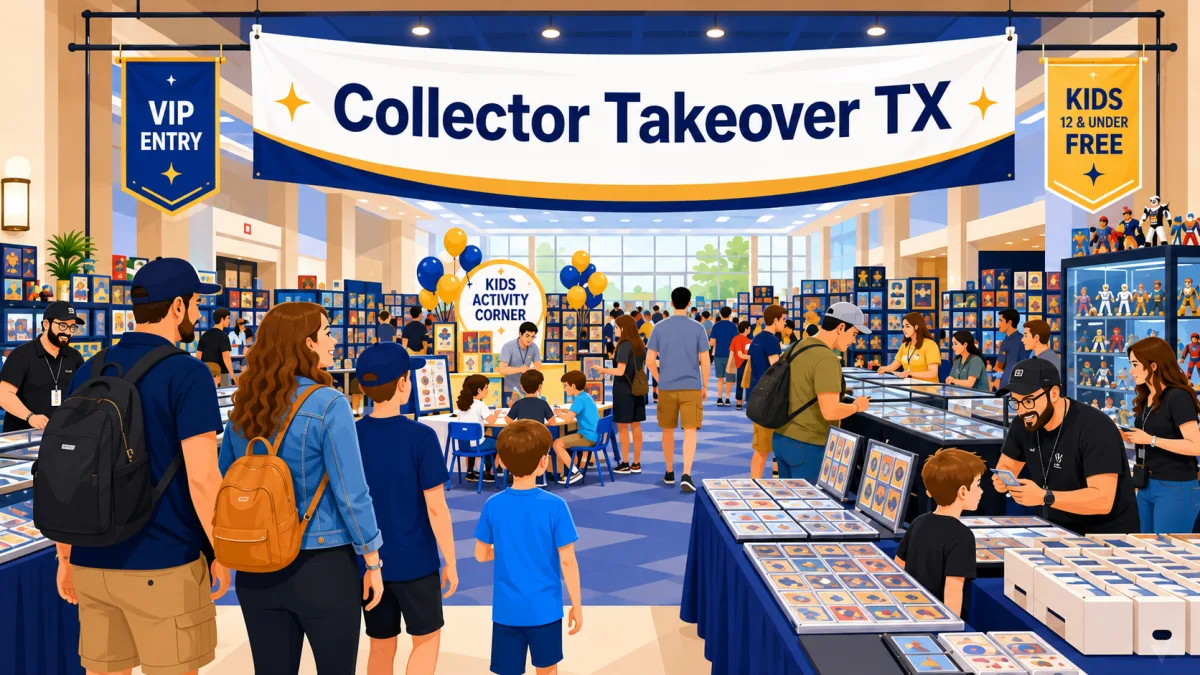 Illustrated Grapevine convention hall with families and collectors browsing card and collectible tables beneath a Collector Takeover TX banner.