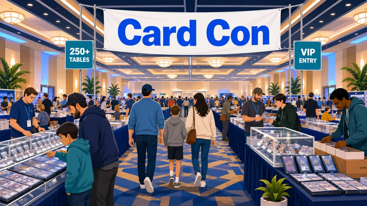 Editorial illustration of collectors browsing vendor tables beneath a Card Con banner and 250+ Tables and VIP Entry signs inside a Mesquite hotel exhibit hall.