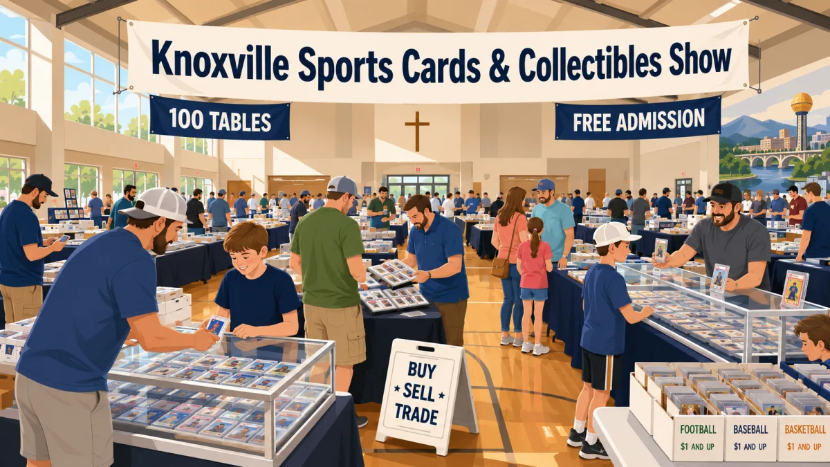Knoxville Sports Cards and Collectibles Show with 100 vendor tables, glass cases of graded slabs, and football, baseball, and basketball bargain boxes.