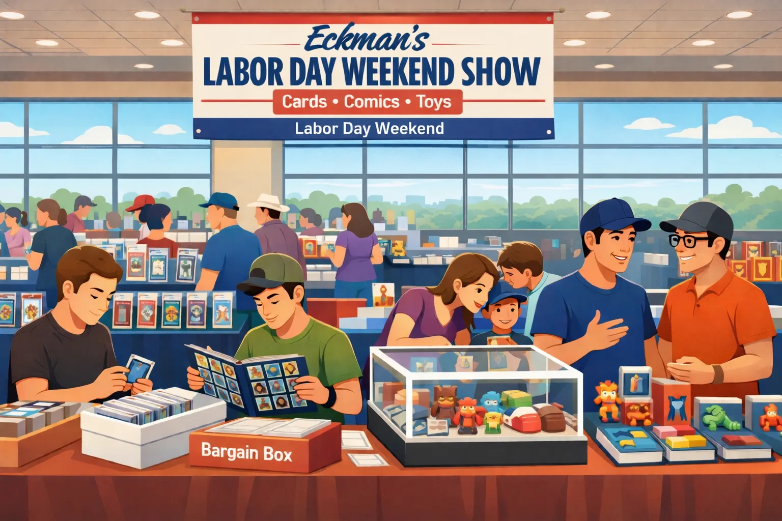 Illustration of Eckman’s Labor Day Weekend Show in San Antonio, August 2026, showing collectors browsing sports cards, Pokémon binders, comics, and toys inside a bright convention hall with vendor tables and display cases.