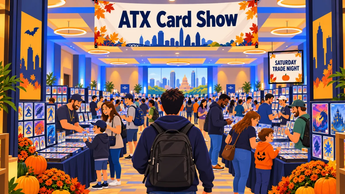 Collectors and families browse card displays and vendor tables inside a hotel event hall beneath an ATX Card Show banner. A smaller sign announces Saturday trade night.