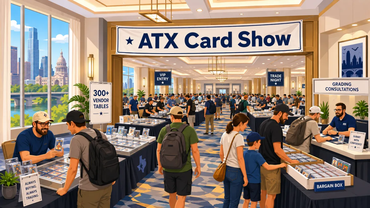 Illustration of collectors browsing card tables inside a downtown Austin hotel ballroom beneath an ATX Card Show banner.