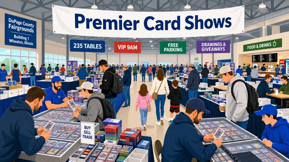 Premier Card Shows at DuPage County Fairgrounds in Wheaton, Illinois, with crowded vendor tables of graded cards, buy/sell/trade signs, and families browsing