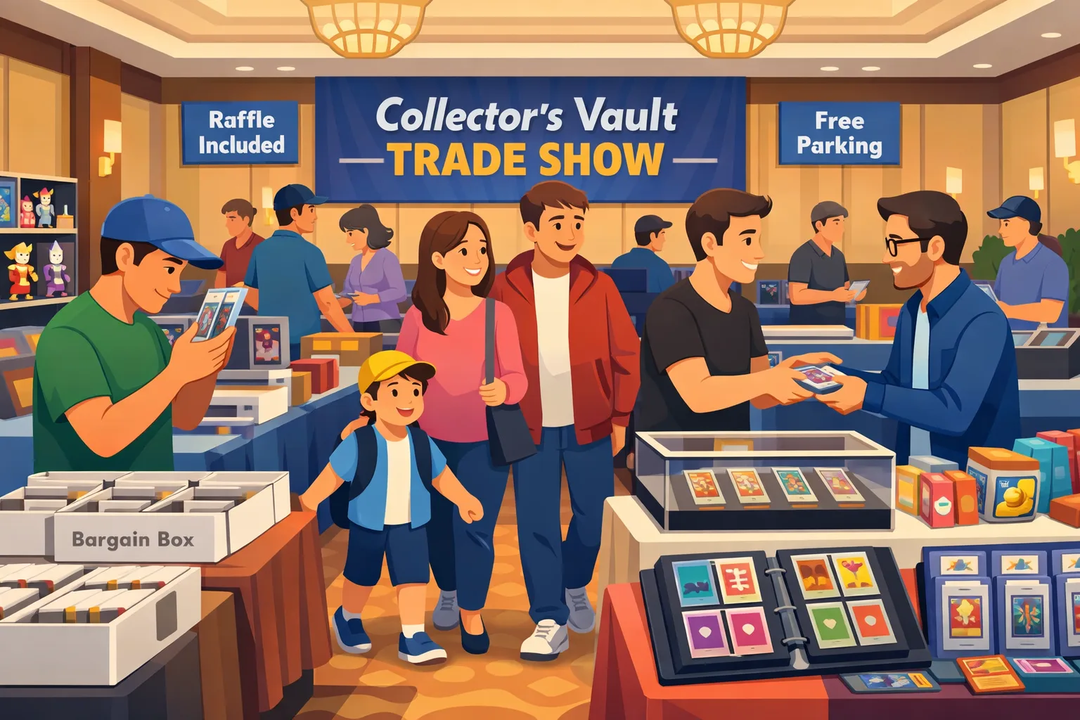 Illustration of the Collector's Vault Trade Show in Wheeling, Illinois, with collectors browsing vendor tables, display cases, sports cards, Pokémon-style trading cards, anime collectibles, and a busy hotel card show atmosphere.