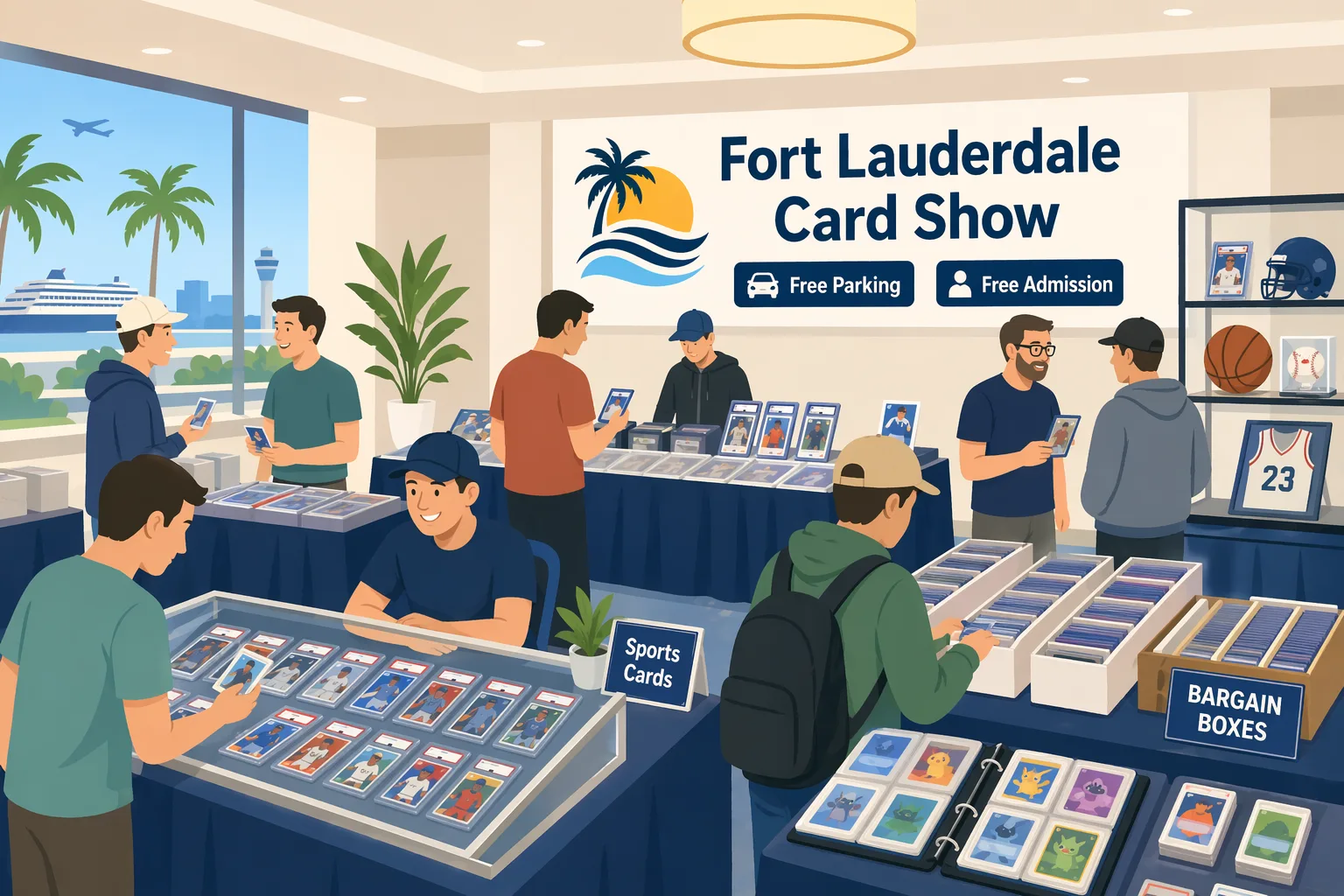 Illustration of the Fort Lauderdale Card Show in Fort Lauderdale, Florida, showing a hotel event room with vendor tables, sports card displays, Pokémon binders, memorabilia, and collectors browsing a busy local show floor.