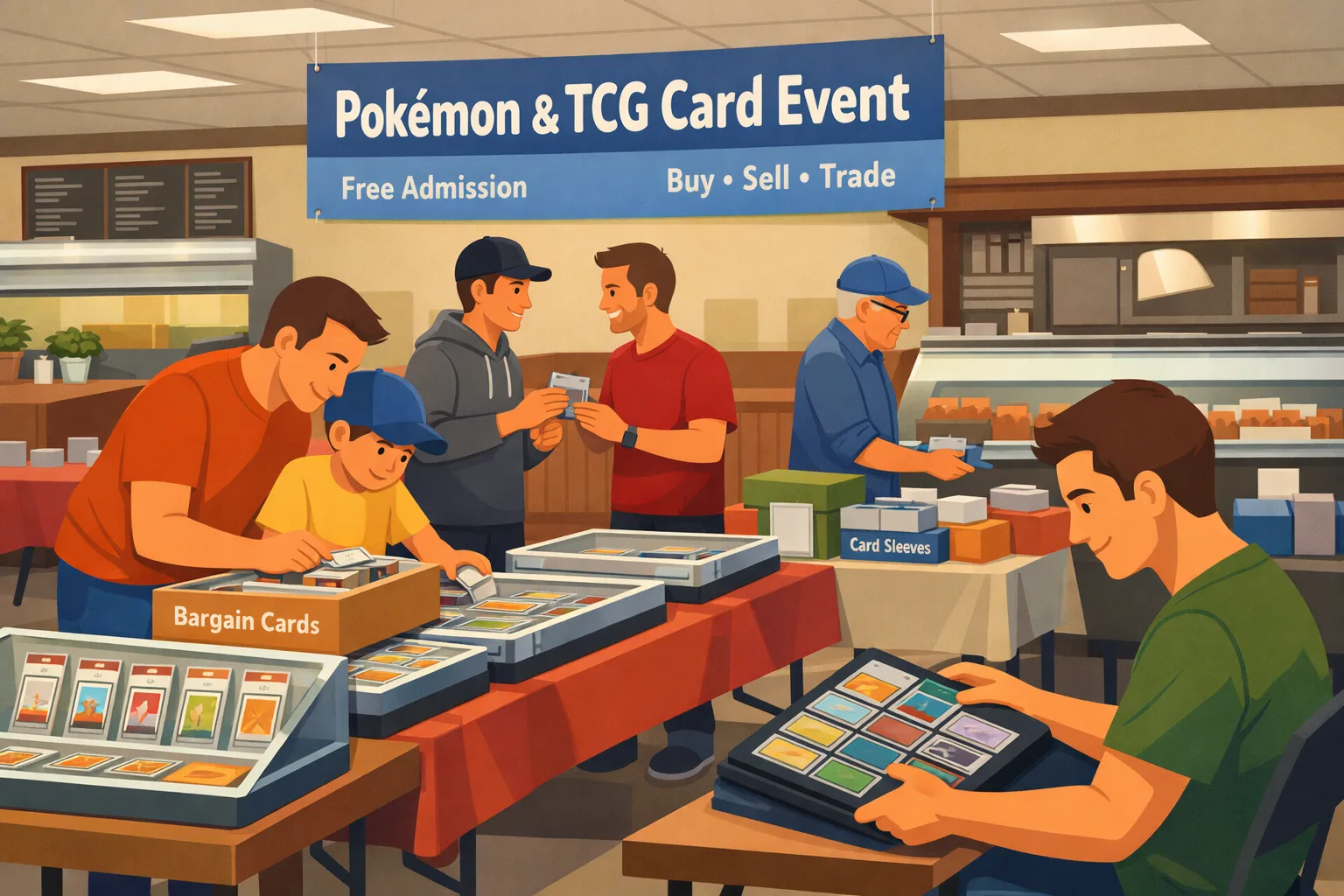 Pokémon & TCG Card Event in Crystal Lake, Illinois, inside a casual deli event space with vendor tables, binders, graded cards, display cases, and collectors browsing and trading.