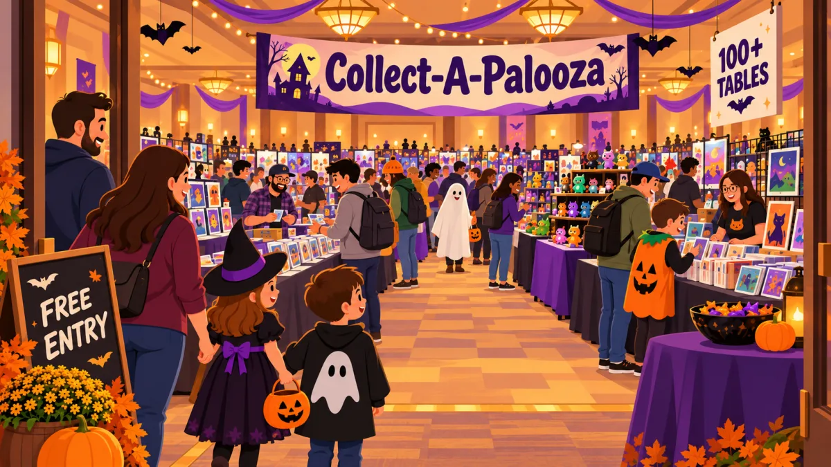 Collectors browse trading cards, comics, and toys beneath a Collect-A-Palooza banner in a banquet hall decorated for Halloween. Families and costumed attendees walk among vendor tables under warm amber lighting.