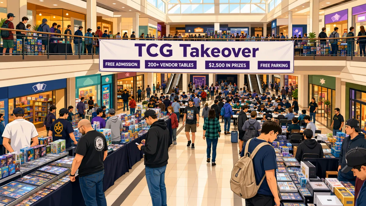TCG Takeover packs a two-level mall atrium with 200+ vendor tables, busy aisles, and collectors browsing trading card displays under skylights.