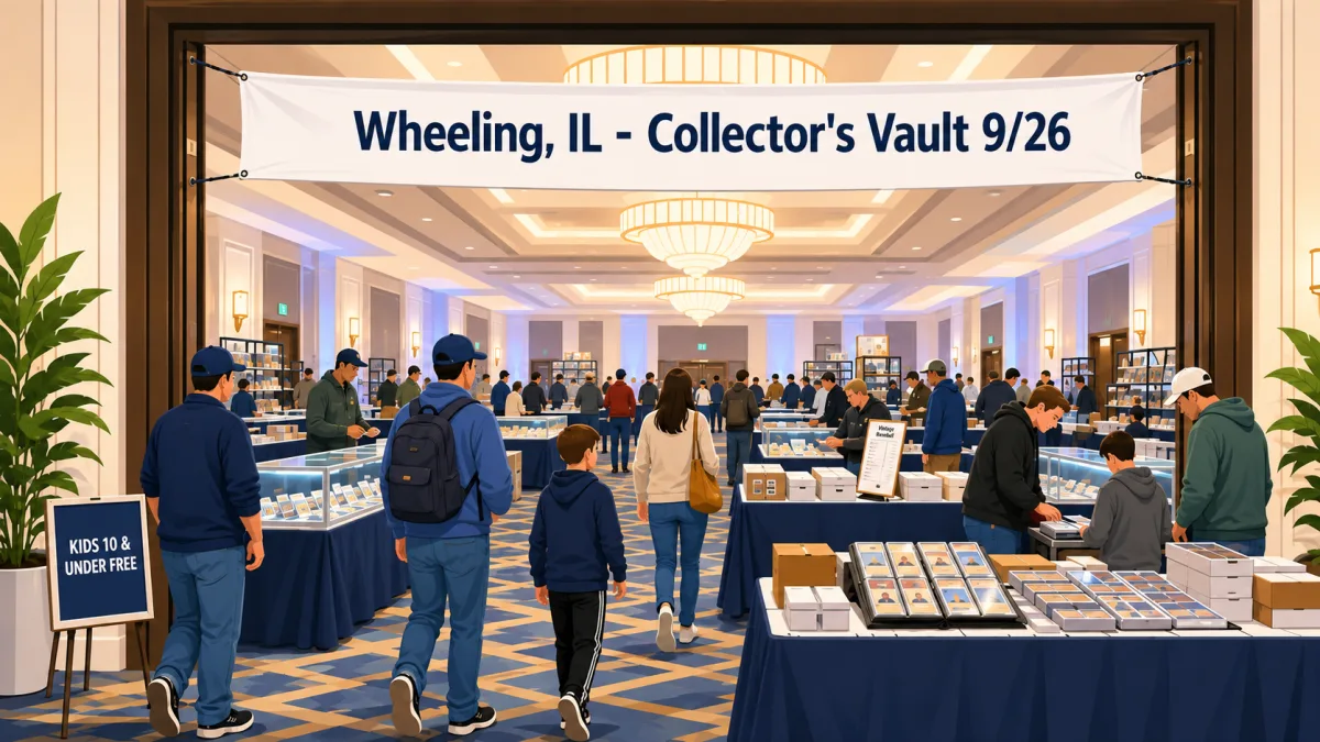 Illustrated hotel ballroom card show with collectors browsing tables beneath a Wheeling, IL - Collector's Vault 9/26 banner.
