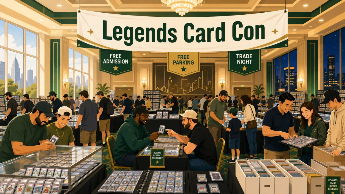 Illustration of Legends Card Con inside a North Houston hotel ballroom, with collectors browsing card tables and comparing binders beneath free admission, free parking, and trade night signs.