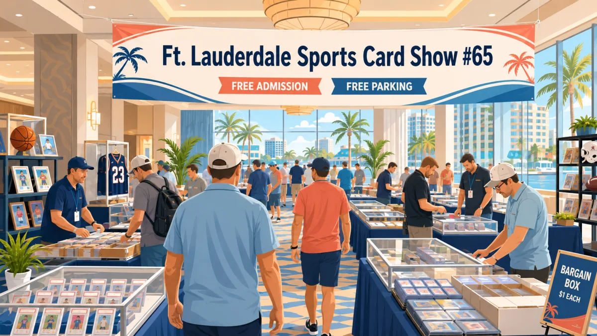 Illustration of collectors browsing card tables and sports memorabilia beneath a Ft. Lauderdale Sports Card Show #65 banner.