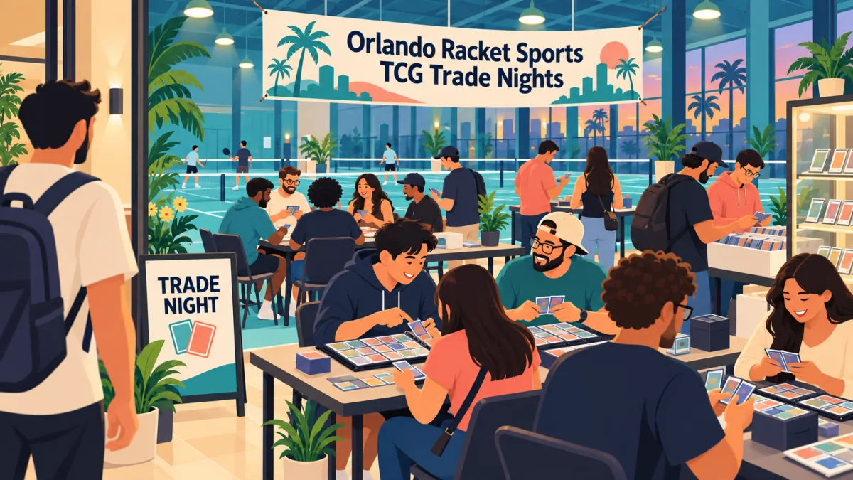 Collectors compare binders and exchange cards at tables inside a teal indoor sports facility. An Orlando Racket Sports TCG Trade Nights banner hangs above the gathering.