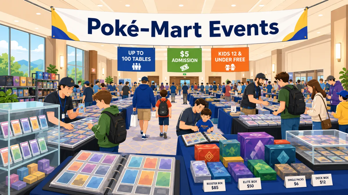 Poké-Mart Events trading card show in a convention ballroom, with glass cases of graded slabs, binders of singles, and booster boxes priced for sale.
