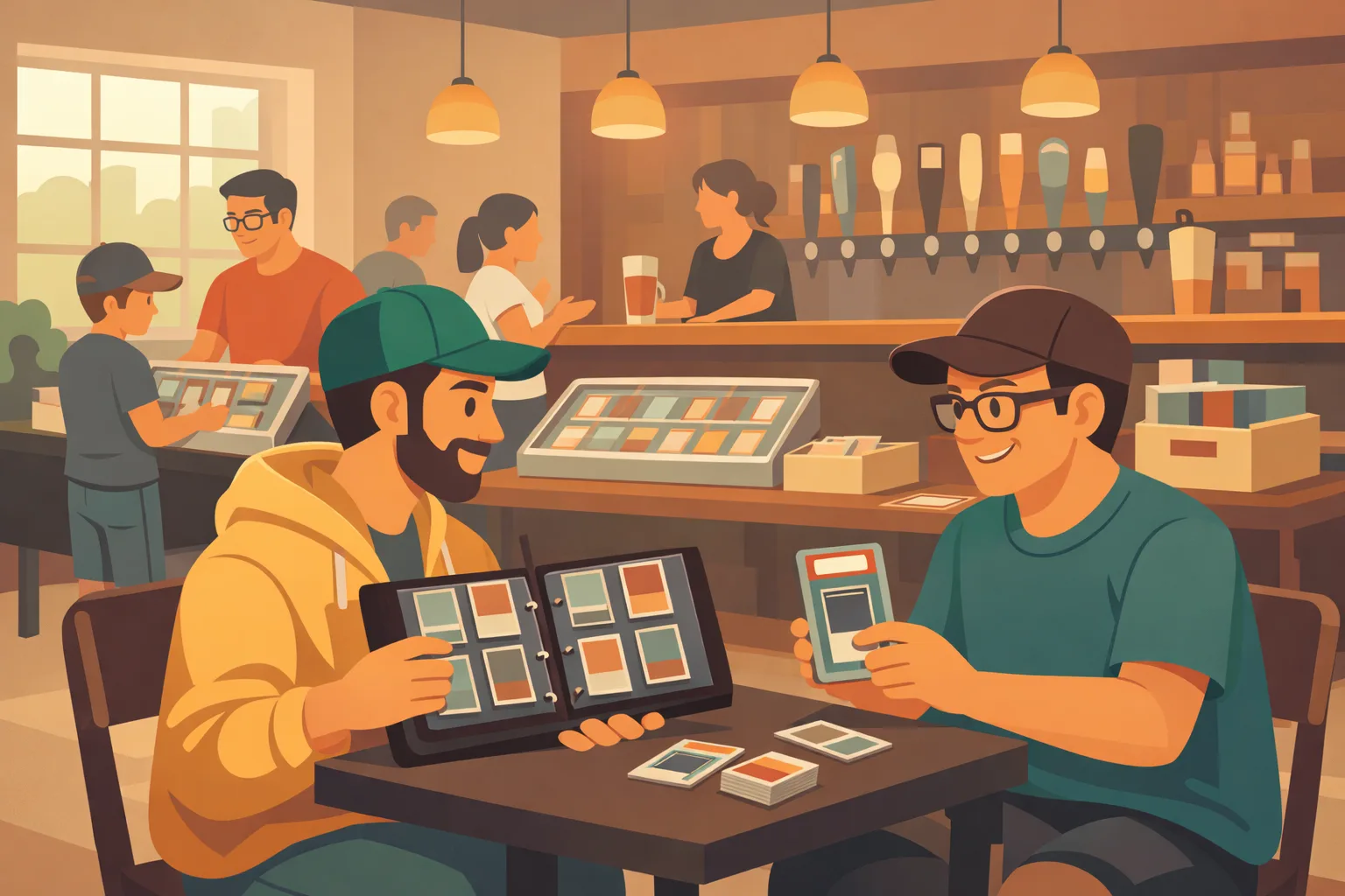 Cozy brewery taproom card show with two collectors trading cards at a table, vendor displays in the background.