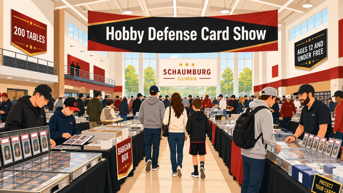 Illustrated Schaumburg school event hall filled with card-show tables, display cases, binders, and collectors beneath a Hobby Defense Card Show banner.