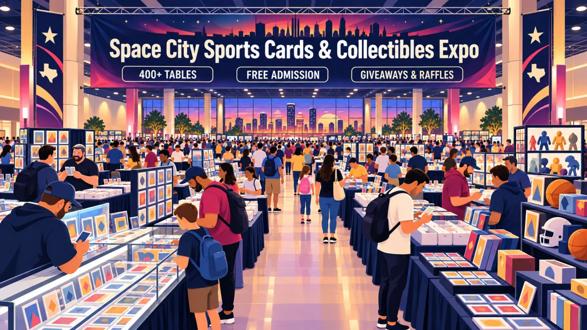 Illustration of collectors entering Space City Sports Cards & Collectibles Expo and browsing rows of card and collectibles tables beneath free-admission and 400+ tables signs.