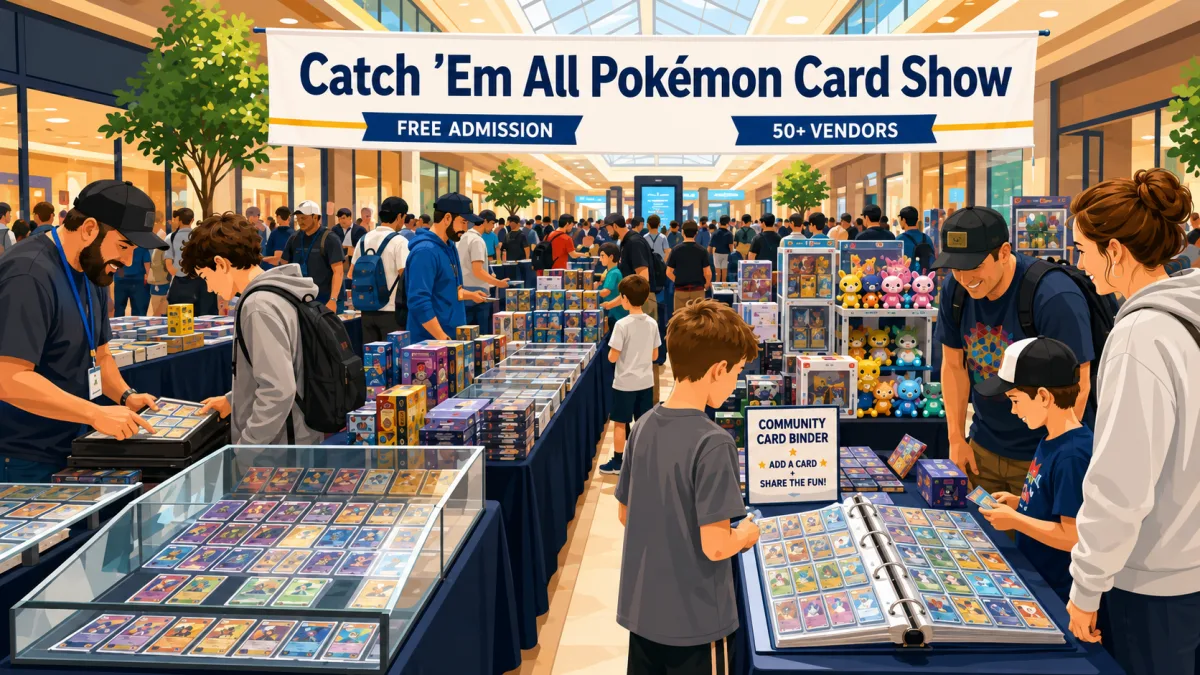Catch 'Em All Pokémon Card Show at West Town Mall in Knoxville, TN, with 50+ vendors, glass display cases of graded cards, and a community card binder table.