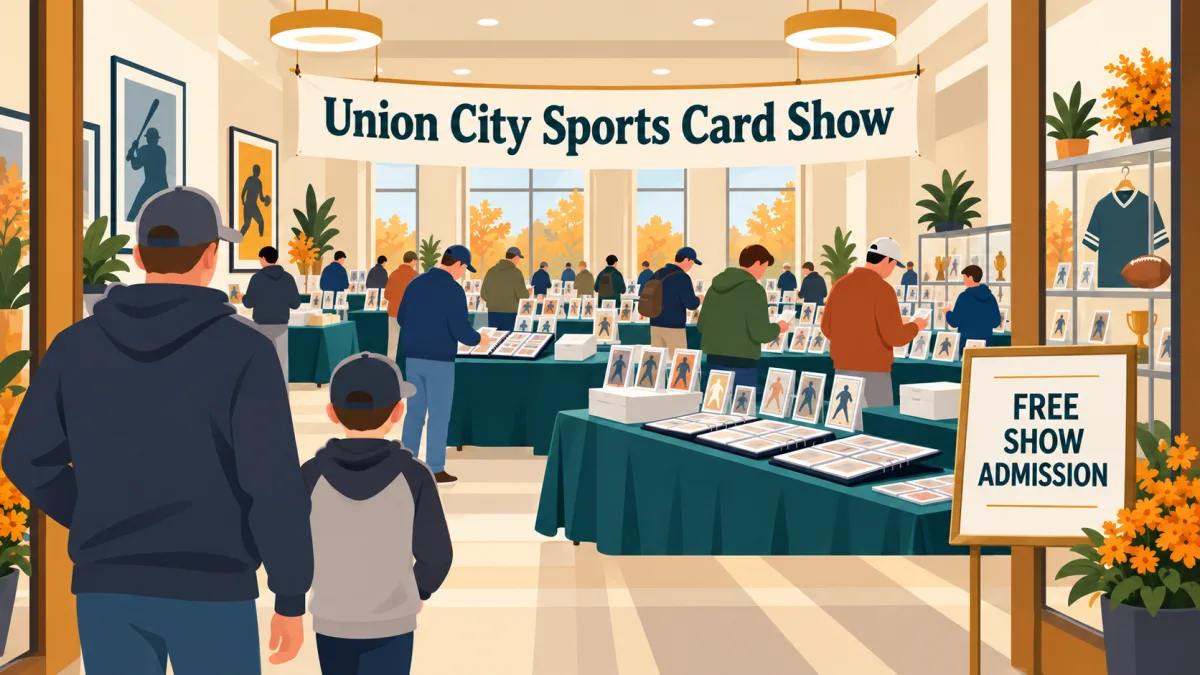 Collectors browse card displays and memorabilia inside a bright event room beneath a Union City Sports Card Show banner. A small sign advertises free show admission.